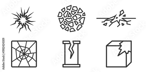 crack icons set including jagged fracture radial broken surface column and corner damage symbols on transparent background