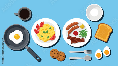 Flat Lay Vector Illustration of Healthy Breakfast Spread with Scrambled Eggs Bacon Sausages Toast and Coffee on Blue Table