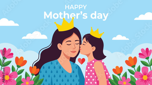 Happy Mothers Day Greeting Card Illustration with Daughter Kissing Mother Wearing Gold Crowns and Spring Flowers