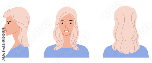Blowout hairstyle flat vector front back profile views, voluminous smooth hair structure for avatar, beauty app, interface design, fashion illustration, character system