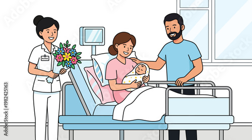 Happy Family with Newborn Baby in Hospital Maternity Ward with Nurse Bringing Flowers Vector Illustration