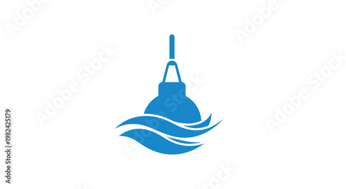 Blue lighthouse on wavy waters.