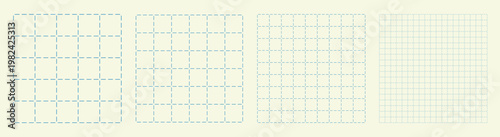Square grid collection dashed node geometry, four samples blueprint style. Center marker lattice structure, interface layouts editorial compositions planning sheets dashboards digital technology. 