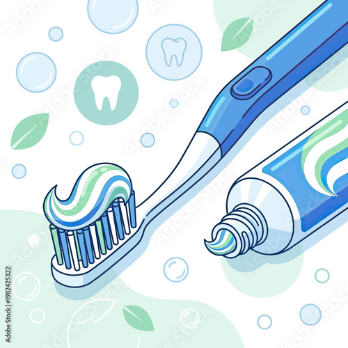 A blue toothbrush with striped toothpaste and a matching toothpaste tube.