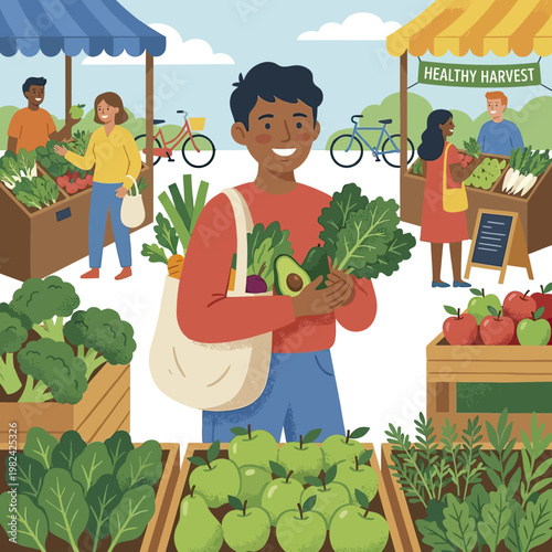 A smiling young man holding a reusable bag filled with fresh green vegetables and an avocado at a local market.