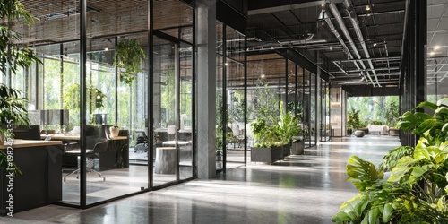 A modern, open-plan office space seamlessly integrates with lush greenery, creating a bright and inviting workspace with a focus on natural light and biophilic design.