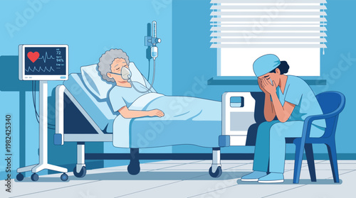 Crying Nurse Sitting Near Elderly Patient in Hospital Bed Healthcare Burnout and Grief Illustration for Medical Loss and Stress Awareness