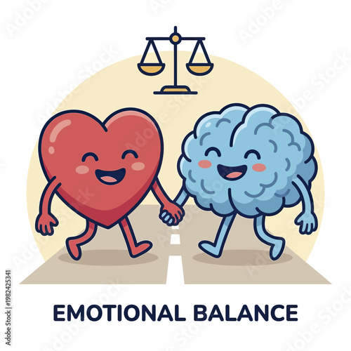 Cartoon heart and brain character holding hands representing emotional balance.