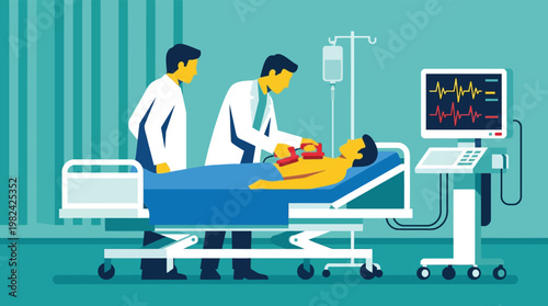Medical Doctors Using Defibrillator on Patient in Emergency Room Hospital Resuscitation Scene Flat Vector Illustration