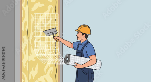 Builder applying facade mesh to a wall during construction work. Man in uniform with spatula and rolled mesh
