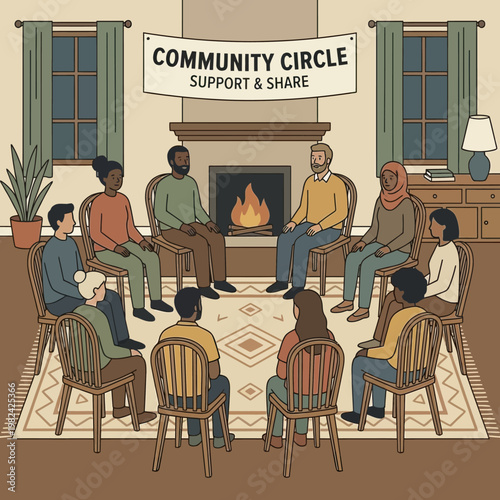 Diverse group of people in circle.