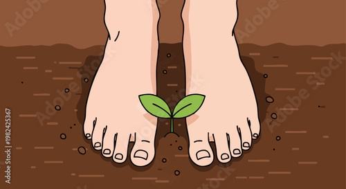 Bare feet on soil with a green sprout, symbolizing growth and connection to nature