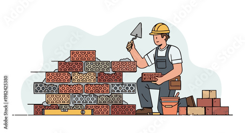 Builder laying decorative brick wall illustration with construction worker and tools