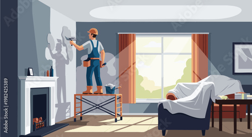 Builder plastering a living room wall with natural light, home renovation