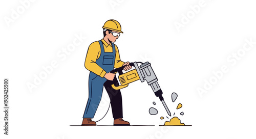 Construction worker using an electric demolition hammer on a white background, flat vector illustration
