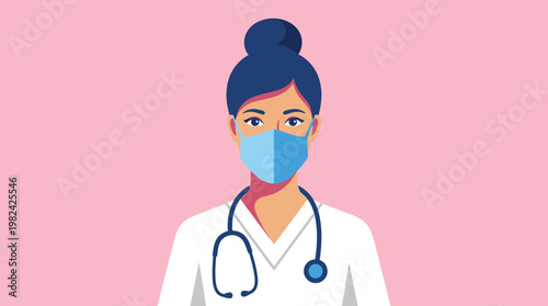 Female Doctor wearing Medical Face Mask and Stethoscope Illustration Flat Vector Style Healthcare Professional on Pink Background