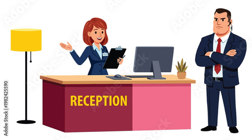 Professional Female Receptionist and Stern Security Guard at Office Lobby Desk Front Desk Hospitality Services Illustration