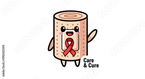 A Cartoon Bandage with a Red Ribbon Logo, Symbolizing Care and Cure, with a Friendly Wave and a Textual Message