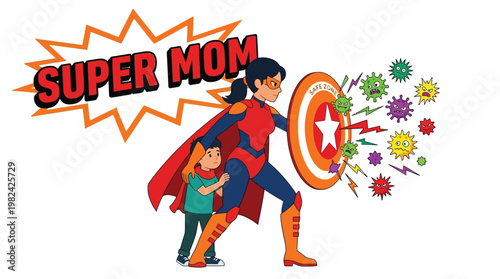 Super Mom Superhero Protecting Child from Viruses and Bacteria with Shield Illustration for Health and Parenting Concepts