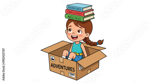Happy Girl Sitting in Cardboard Box with Stack of Adventure Books on Her Head Cartoon Illustration Isolated on White Background