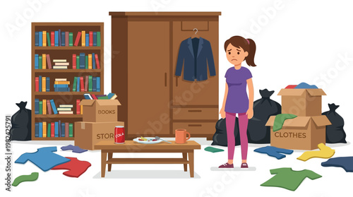 Sad Frustrated Woman in Messy Room Surrounded by Clutter Boxes and Trash Bags for Moving House Concept