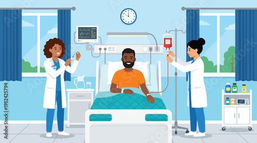 Diverse Medical Team Treating a Patient in a Hospital Ward with IV Drip and Monitor Vector Design for Healthcare Concepts