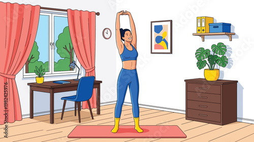 Young Woman Stretching at Home Office Room During Morning Fitness Break Vector Illustration for Wellness Concept