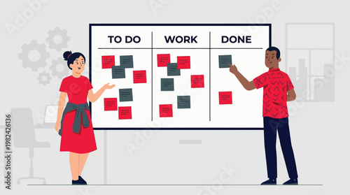 Diverse Team Managing Project Workflow on Kanban Board with Sticky Notes for Agile Business Management