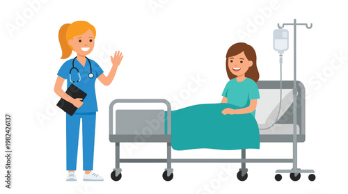 Flat Vector Illustration of a Friendly Female Nurse Visiting a Happy Patient in a Hospital Ward Bed with IV Drip and Stethoscope