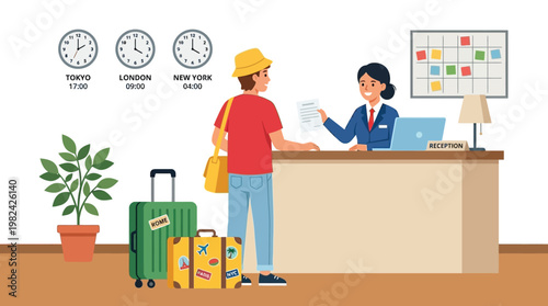 Male Tourist Checking in at Hotel Reception Desk with Suitcases and International Clocks Vector Illustration
