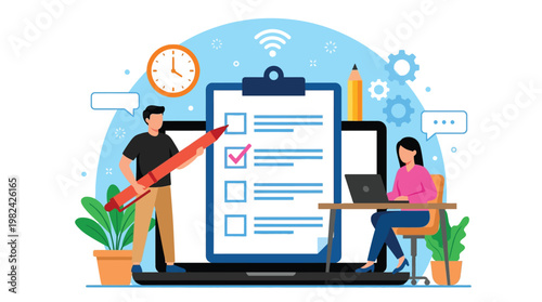 Professional Team Working on Digital Productivity Checklist Task Management and Business Workflow