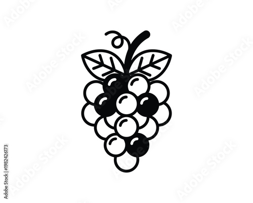 Grapes vector line icon with leaves. Food and fruit symbol.