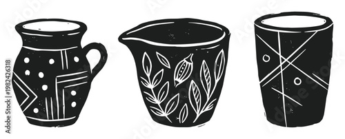 Hand-drawn ceramic vessels illustration with unique patterns