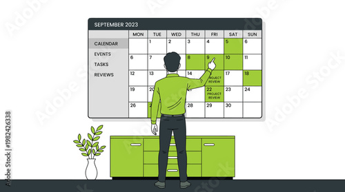 Businessman Planning Monthly Schedule on Large Office Wall Calendar for Project Management and Time Tracking Vector Illustration