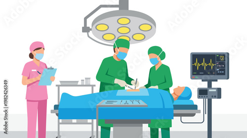 Professional Surgical Team Performing Operation in Hospital Operating Room with Medical Equipment Flat Vector Illustration