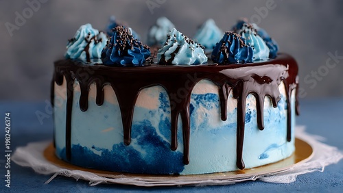 Delicious Cake: A decadent cake, adorned with an artistic blend of light blue and dark blue, topped with luscious blue icing and rich chocolate ganache.