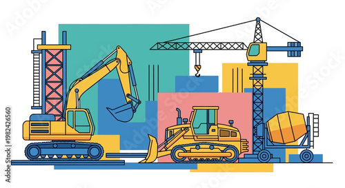 Flat Vector Illustration of Construction Site with Heavy Machinery, Excavator, Bulldozer, Crane, and Cement Mixer in Modern Geometric Style