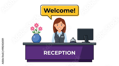 Flat vector illustration of a professional female hotel receptionist at a front desk with a welcome message and office supplies
