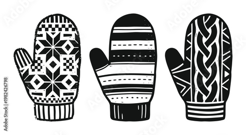 Knit Mittens Winter Pattern Set Hand Drawn Design
