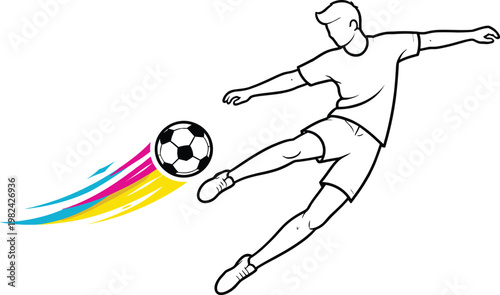 Dynamic soccer player kicking ball vector, minimalist football athlete line art, colorful motion trail sports graphic