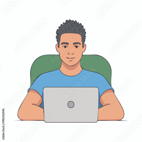Cartoon illustration of a man sitting with laptop