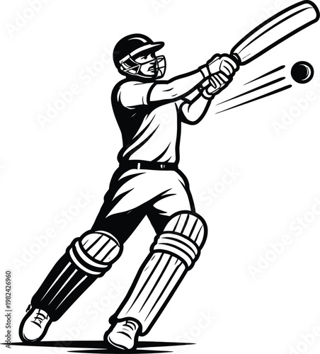 Cricket player batting vector illustration, black and white sportsman hitting ball, cricket batsman in action pose