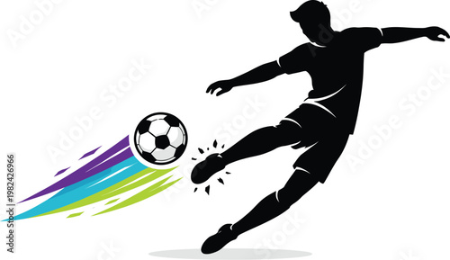 Soccer player silhouette kicking ball with colorful speed trails, dynamic football athlete vector, sports logo icon