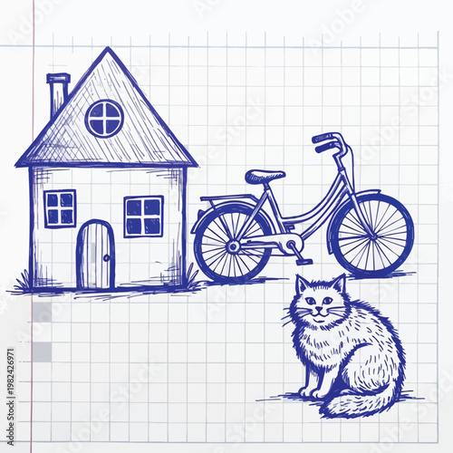 Charming Hand Drawn Illustration of a House Bicycle and Cozy Cat on Graph Paper