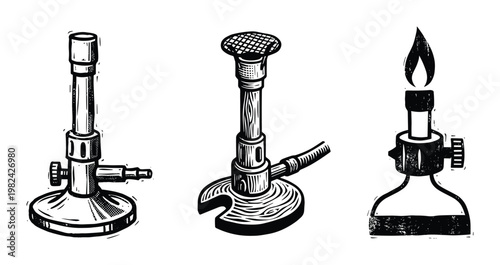 Linocut Bunsen Burners: Three Science Lab Burners