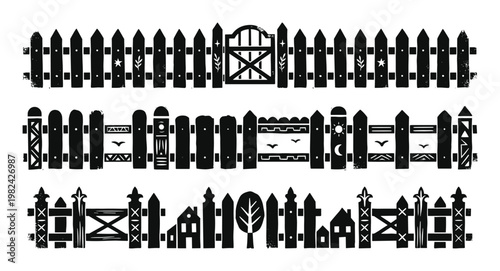 Linocut Fence Collection: Black Garden Boundaries and Gates