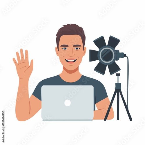 Cartoon man waving at camera on tripod with laptop