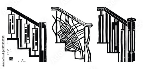 Linocut stairs designs illustration. Handrails and staircases drawing black ink style