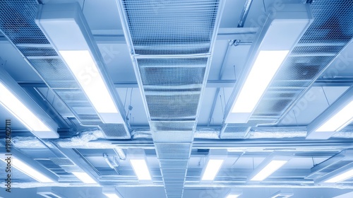 A blue ceiling with lights hanging from it
