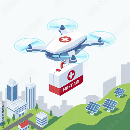 Medical First Aid Drone Delivering Emergency Supplies.